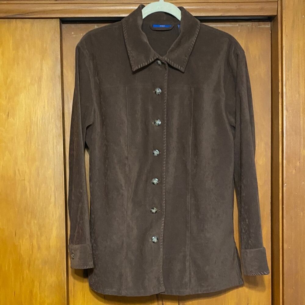 Chocolate Brown Button Down Shirt Shacket Long Sleeve Suede Look Contrast Stitch